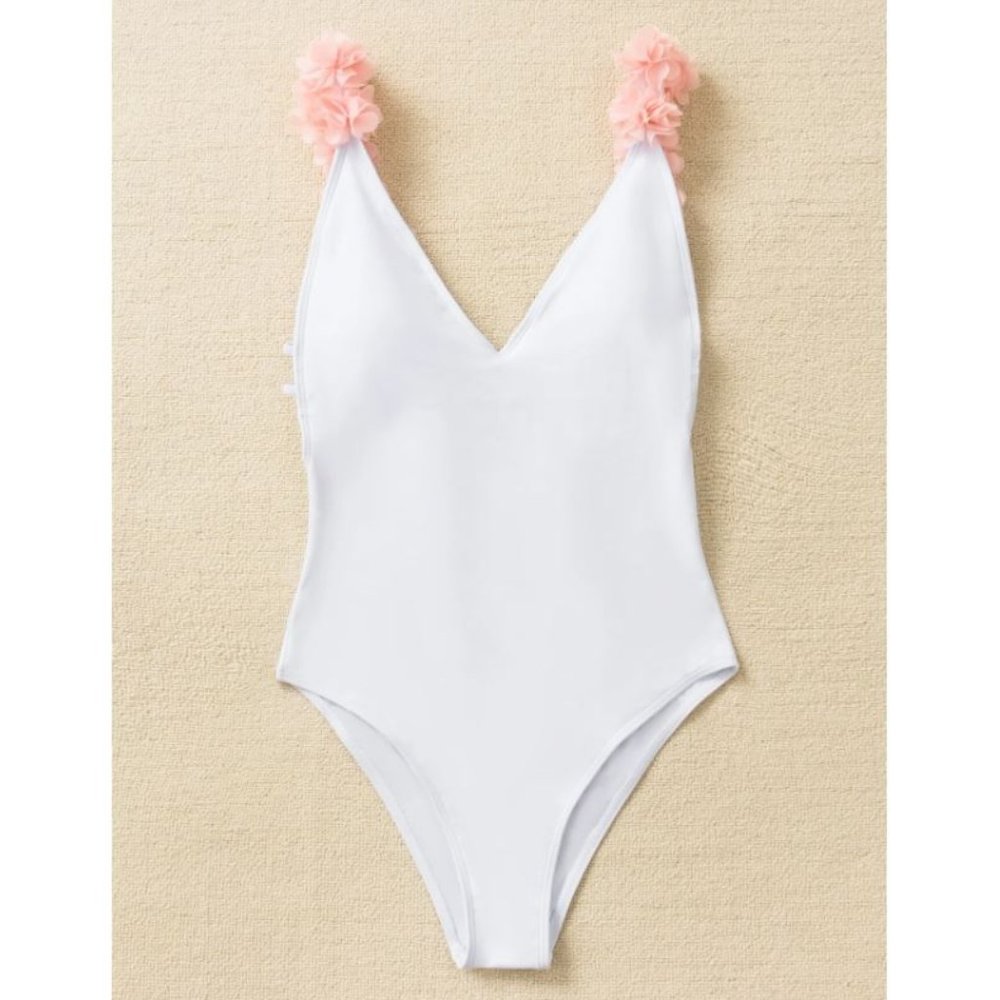 SHEIN White Bridal One Piece Swimsuit with Pink Flowers